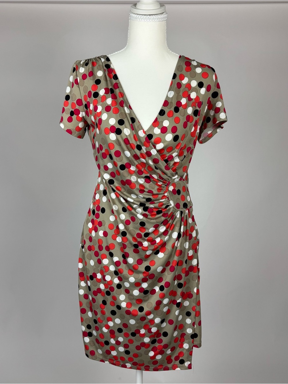 Aa Studio Taupe Midi Dress with Red, White & Black Polka Dots